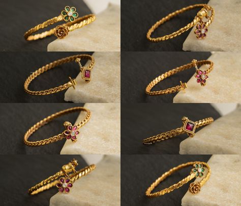 Gold Plated Silver Kada Bangles 'Parampariya' • South India Jewels Silver Gold Plated Bangles, South Bangles Design, Artificial Jewellery India, Gold Plated Jewelry Indian, Silver Kada, Kada Bangles, Gold Bangles Indian, Indian Jewelry Earrings, Gold Bangles For Women