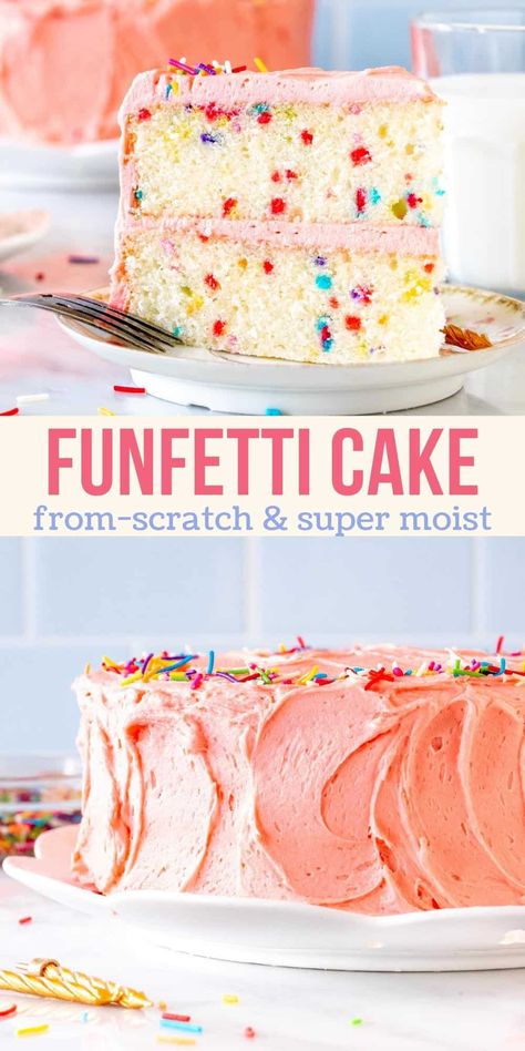 This is the perfect funfetti cake recipe! It's moist and tender with a soft cake crumb and loaded with sprinkles. Perfect for birthdays and celebrations - this recipe is so much better than any bakery I've tried! #sprinkle #funfetticake #birthdaycake #confetticake #vanillacake #layercake #recipe from Just So Tasty Best Confetti Cake Recipe, Confetti Birthday Cake Recipe, Confetti Cake Recipe, Birthday Cake At Home, Funfetti Cake Recipe, Confetti Cake Recipes, Creamy Vanilla Frosting, Sprinkle Recipes, Elaborate Cakes