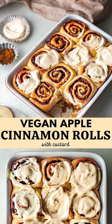 Vegan Winter Breakfast Recipes, Vegan Winter Desserts, Vegan Autumn Recipes, Cinnamon Rolls With Apples, Best Vegan Cinnamon Rolls, Cinnamon Custard, Vegan Fall Dessert, Cinnamon Rolls Vegan, Vegan Custard