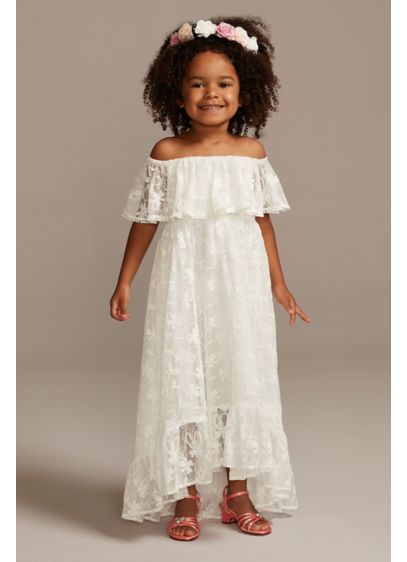 Off-the-Shoulder Lace Flower Girl Dress OP274 Easter Pics, Illusion Lace Dress, Bridal Things, Renewing Vows, Bridesmaids Ideas, Blush Flower Girl Dresses, White Tulle Dress, Lace Flower Girl Dress, Fall Pics