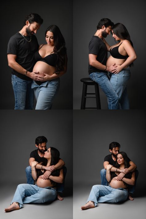 Posing ideas for a studio maternity photo shoot with husband. Tsirt and jeans look for maternity photo shoot. Tampa bay area and Sarasota maternity photographer. Poses for couple at maternity photo shoot. Pregnancy photos with husband. Maternity Poses For Couples, Maternity Shoot Ideas With Husband, Maternity Couple Photoshoot Ideas, Creative Maternity Pictures Couple, Maternity Shoot With Partner, Maturity Photoshoot Ideas Couple, Couple Poses For Maternity Shoot, Maternity Photography Family Of 3 Studio, Maternity Photography Couples Indoor