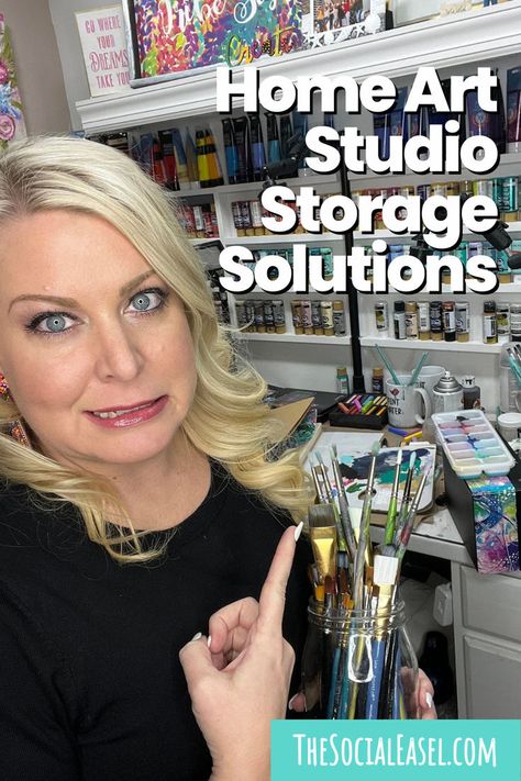 Christie Hawkins in her studio showing storage solutions. Painting Supplies Organization, Artist Studio Organization, Artist Studio Storage, Acrylic Paint Storage, Artist Studio Space, Home Art Studio, Artist Storage, Art Studio Storage, Studio Storage