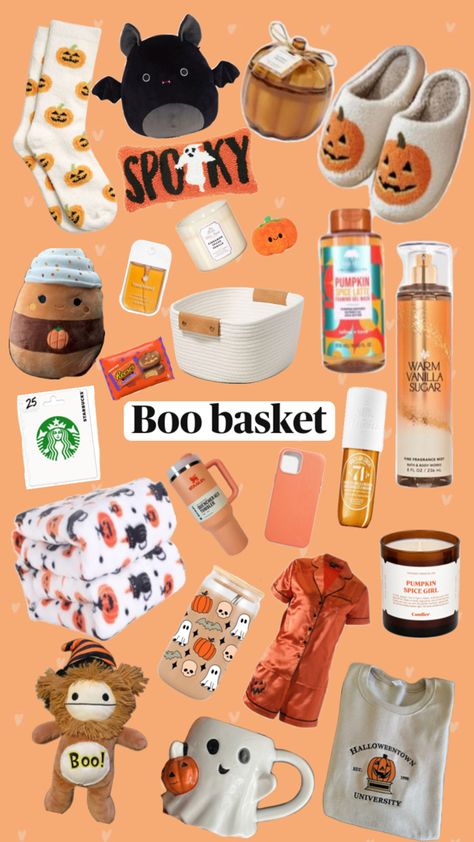 Cute boo basket for halloween/fall #fall #autumn #Halloween #basket #gifts #squishmallow #stanley #giftbasket #viral #fyp Girl Boo Basket Ideas, Gift Baskets Halloween, Boo Pal Gift Ideas, Spookie Basket For Friends, Boo Basket List Ideas, Boo Basket Photos, Small Halloween Gifts For Friends, Boo Basket Themes, Halloween Birthday Presents