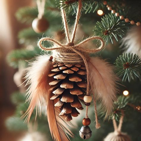 Boho Pine Cone and Feather Christmas Ornaments Diy Christmas Ornaments Pinecones, Feather Art Diy Craft Ideas, Diy Homemade Ornaments, Native American Ornaments Diy, Diy Pine Cone Ornaments, Diy Feather Ornaments, Natural Ornaments Diy, Feather Ornaments Diy, Nature Ornaments Diy