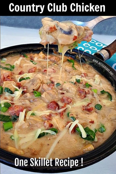 This Country Club Chicken has it all. Gooey cheese, bacon, chicken and more. Amazing one skillet dinner served in under 25 minutes ! Cheese Bacon Chicken, Yummy Casserole Recipes, Comfort Dinner, Bacon Chicken, One Skillet Meals, One Skillet, Easy Drink Recipes, Turkey Dishes, Gooey Cheese