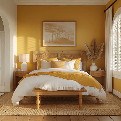 Create a Cozy Sanctuary with Warm Wall Colours for Bedrooms • 333+ Images • [ArtFacade] Ocre Color Palette Bedroom, Bright Wall Colors Bedroom, Ochre Color Palette Bedrooms, Bright Room Colors Bedrooms, Bright Yellow Bedroom Ideas, Golden Wall Color, Mustard Color Bedroom Ideas, Pale Yellow Bedroom Walls, Golden Yellow Bedroom