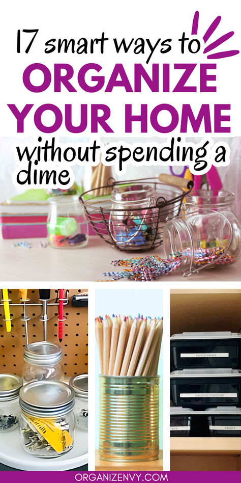 Collage of photos showing ways to repurpose common household items into storage organizers Free Storage Ideas, Organizing Hacks For Small Spaces, Make Organization Ideas, Best Organization Hacks, Easy Diy Organization Ideas, Cheap Home Organization Ideas, Diy Home Organization Hacks, Space Saving Organization Ideas, Cheap Organization Hacks