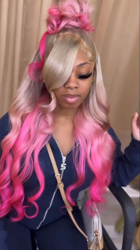 Wigs With Pink Highlights Black Women, Baddie Hairstyles Lace Wig, Color On Dark Skin Women Hair, 613 Wig With Pink Highlights, Pink Wig With Highlights, Blonde Wig With Rainbow Highlights, Custom Dyed Wigs, Blond Wig With Pink Highlights, Color Wigs On Light Skin