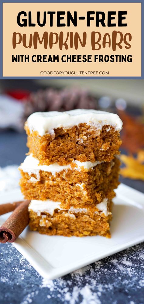 These wonderfully soft and scrumptious gluten-free pumpkin bars are topped with creamy cream cheese frosting and are truly the perfect fall dessert. #pumpkinbars #pumpkinsquares #Pumpkindesserts #glutenfree Gluten Free Pumpkin Bar, Healthy Gluten Free Pumpkin Desserts, Keto Gluten Free Pumpkin Recipes, Gluten Free Pumpkin Bars Easy, Gluten And Dairy Free Pumpkin Bars, Dairy Free Fall Treats, Pumpkin Cream Cheese Gluten Free, Pumpkin Pie Bars Gluten Free, Best Gluten Free Baked Goods