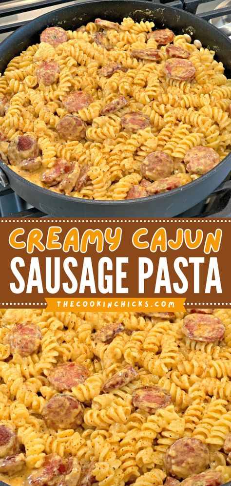 Here's a sausage dinner that doubles as an easy lunch idea! It's a simple pasta recipe with just 5 ingredients. Creamy and packed with flavor, this Cajun Sausage Pasta is sure to be a hit with everyone! Save this cajun recipe! Cajun Sausage Pasta, Smoked Sausage Pasta, Sausage Recipes For Dinner, Cajun Sausage, Resep Pasta, Smoked Sausage Recipes, Sausage Dinner, Quick Pasta Recipes, Easy Pasta Dinner