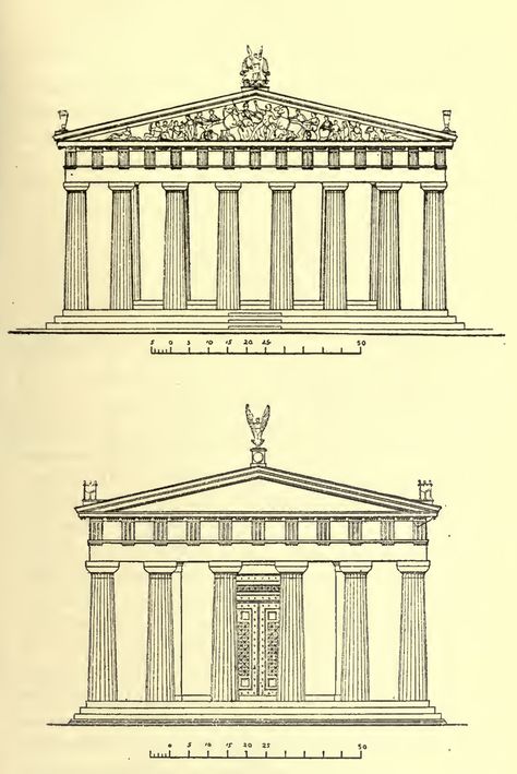 Athens, Parthenon (up) and Olympia, Temple of Zeus (down) Greek Buildings Drawing, Greek Temple Drawing, Parthenon Drawing, Temple Of Zeus Olympia, Parthenon Architecture, Zeus Temple, Athens Parthenon, Greece Drawing, Greek Drawing