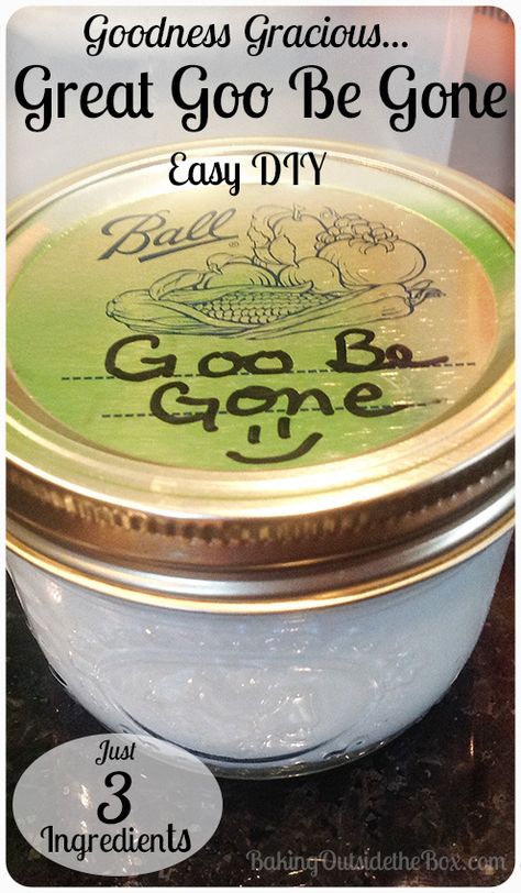 Great Goo Be Gone DIY: I'm sharing this  Goo Be Gone DIY with you today because of my New Year's  Resolutions to be thrifty and use fewer kitchen chemicals and well, because it works! I'm quite demanding when making homemade products.  I can't stand waste or mediocre performance. I've been trying to get labels off of various containers, both plastic and glass, that could be put back into service. I will tell you that I  recognize that there are many types of glue used on labels and that one ... Goo Be Gone, Goo Gone, Homemade Cleaning Supplies, Homemade Cleaning Solutions, Cleaning Stuff, Homemade Cleaners, Deep Cleaning Tips, Homemade Cleaning Products, Homemade Products