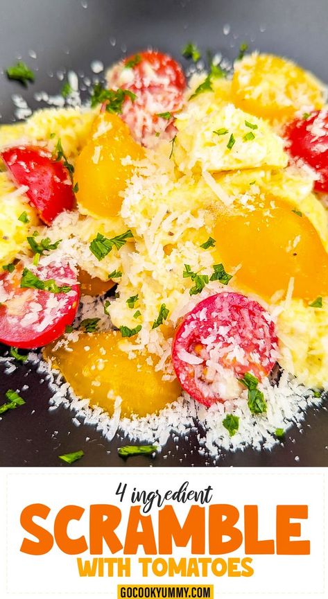 Eggs cooked with sweet cherry tomatoes, rich butter and savory Parmesan come together in an easy, 3-minute scramble that makes the perfect quick breakfast. Tomato And Egg, Breakfast With Eggs, Tomato Egg, Egg Scramble, Balanced Breakfast, 4 Ingredient, Scrambled Eggs, Parmesan Cheese, Cherry Tomatoes