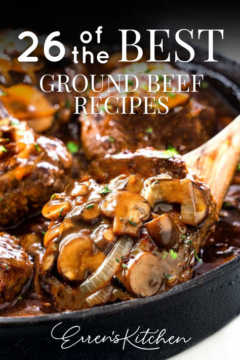 Our 26 delicious ground beef recipes scream comfort food. From hearty casseroles to tasty skillet meals. Ground beef is so versatile and flavorful, making it the perfect base for creating meals that’ll satisfy the whole family. Whether it’s a quick weeknight dinner or a chill weekend feast, these recipes give you simple yet super tasty options. 

Go to errenskitchen.com for easy, delicious, and even quick recipes for breakfast, lunch, dinner, drinks, and desserts! Ground Beef Recipes When Sick, Ground Beef Gourmet Recipes, One Skillet Hamburger Meals, Weekend Dinner Ideas Ground Beef, 5 Star Ground Beef Recipes, Interesting Ground Beef Recipes, Ground Round Recipes Beef, Grind Beef Dinner Ideas, Skillet Meals Ground Beef