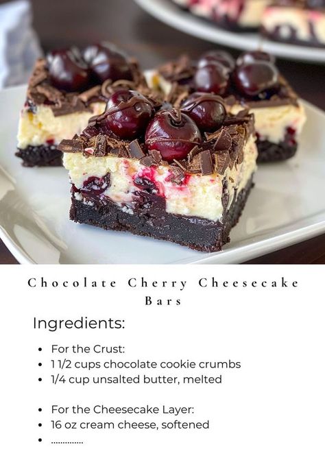 Tasty Cooking - easy & yummy | These Chocolate Cherry Cheesecake Bars are the ultimate treat | Facebook Chocolate Cherry Cheesecake Bars, No Bake Triple Chocolate Cheesecake Bars, Cherry Cheesecake Bars, Chocolate Cherry Cheesecake, Chocolate Cheesecake Bars, Chocolate Chip Cheesecake Bars, Triple Chocolate Cheesecake, Cherry Topping, Brownies Cookies