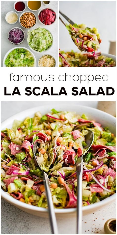 The La Scala Salad, famous for its balance of flavors and finely chopped ingredients, is packed with garbanzo beans, cheese, and salami in a tangy mustard vinaigrette. Originating at the La Scala restaurant in Beverly Hills, California, it's easy to make this iconic salad at home with simple ingredients. La Scala Salad, Scala Salad, Kardashian Salads, Green Goddess Salad Recipe, Salad At Home, Garbanzo Beans Salad, Chicken Caesar Salad Recipe, Italian Salad Recipes, Cherry Tomato Salad