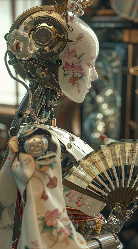 Prompt 👉Japanese porcelain robot with a traditional fan in hand, made in light colors with traditional floral patterns, close-up. The setting is an ornate museum hall filled with various mechanical sculptures and vintage electronic equipment. The mood should be mysterious yet elegant, reflecting the essence of futuristic craftsmanship and historical beauty in the style of photography. 👉 if Like, please Follow and Share AI Graphics Studio 👇Contact on WhatsAPP: http://tiny.cc/aigraphicsstudio ... Porcelain Robot Concept Art, Identity Sculpture, Mechanical Photography, Porcelain Warforged, Porcelain Robot, Porcelain Aesthetic, Futuristic Vintage, Random Reference, Be Mysterious