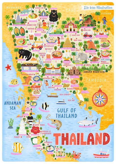 Map illustration of Thailand on Behance Map Of Thailand, Laos Vietnam, Thailand Map, Khon Kaen, Lampang, Food Map, Asia Map, Map Illustration, Thailand Food