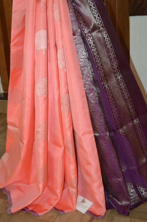 Peach colour soft silk saree with silver zari buttas, purple zari pallu Code : A0819SS853011 Cost : 9400INR  WhatsApp 91 7019277192 Purple Colour Combinations Saree, Peach Colour Saree Blouse Combination, Peach Saree Color Combos, Peach Lehenga Color Combos, Peach Colour Combinations Indian Dress, Peach Colour Saree, Peach Colour Combinations, Silk Saree With Silver Zari, Peach Color Saree