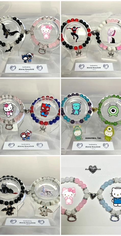 Friendship Bracelets Glass Beads, Matching Hello Kitty Jewelry, Braclets Ideas Beaded Matching, Bracelets Ideas For Couples, Clay Bead Bracelet Ideas Spiderman, Bracelet Ideas Beads Words, Bracelet Ideas Spiderman, Themed Bracelet Ideas, Matching Hello Kitty Bracelets