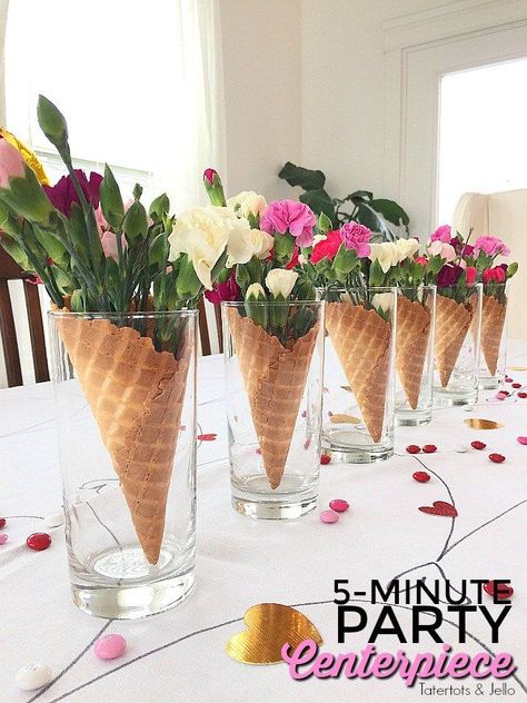 Waffle Cone Flower Centerpieces are so easy to make. In 5 minutes you can have a centerpiece for almost any kind of party including Galantines! Rustic Wedding Decorations, Ice Cream Social, Dekor Diy, Ice Cream Cones, Waffle Cones, Flower Party, Ice Cream Party, Deco Floral, Party Centerpieces