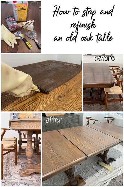 How To Strip and Refinish An Old Oak Table poster. Oak Table Makeover Before After, How To Refinish Oak Table, Refinish Oak Table, Old Dining Table, Table Refinishing, Old Dining Room, Square Kitchen Tables, Oak Knoll, Kitchen Table Oak