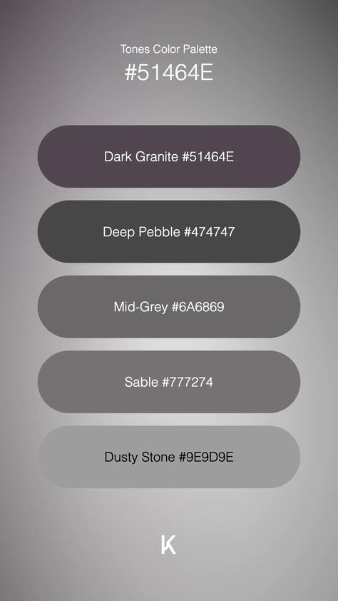 Tones Color Palette Dark Granite #51464E · Deep Pebble #474747 · Mid-Grey #6A6869 · Sable #777274 · Dusty Stone #9E9D9E Dark Grey Color Palette, Color Palette Dark, Quiet Elegance, Colour Pallets, Hex Color Palette, Twilight Sky, Dark Granite, Grey Color Palette, Hex Colors