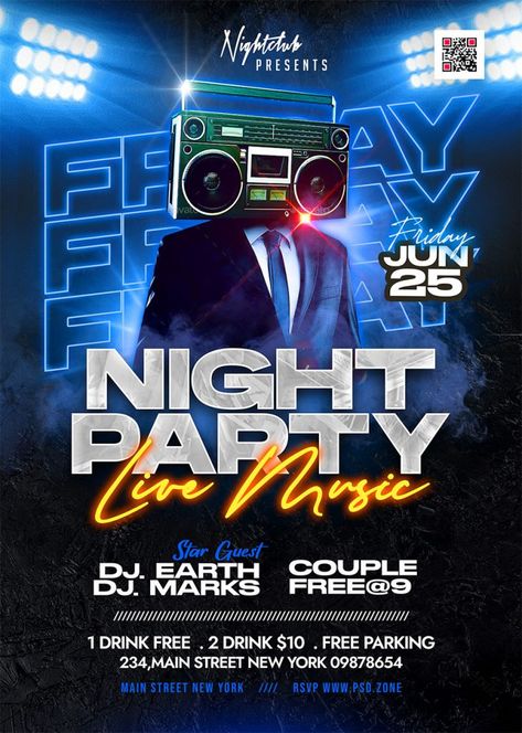 Friday Night Live Music Party Flyer PSD - PSD Zone Concert Promotion Ideas, Night Party Poster Design, Dj Party Flyer Design, Dj Event Poster Design, Party Creative Ads, Party Poster Design Ideas, Live Poster Design, Dj Night Poster, Music Concert Flyer Design