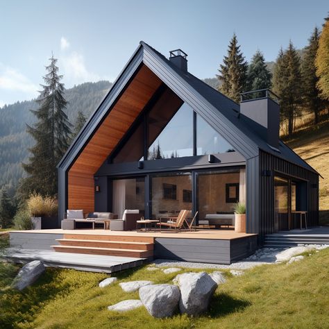 Modern wooden houses in the mountains Houses In The Mountains, Chalet Modern, House In The Mountains, Small Barn House, Farm Style House, Modern Wooden House, Backyard House, Bloxburg Modern, Prefab Cabins