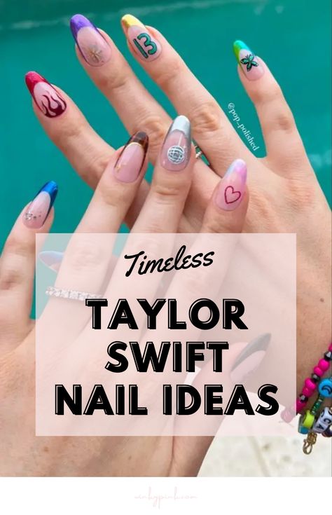 13 TIMELESS TAYLOR SWIFT INSPIRED NAIL DESIGNS | This post has 13 Timeless Taylor Swift Inspired Nail Designs. These Nail ideas are cute, fun and would make great ideas for any Swiftie! | Nail trends, nail ideas, and nail inspo | Viral Nails | Swiftie | Eras Tour Red Era Taylor Swift Nails, Taylor Swift Manicure Eras, Taylor Swift Dip Nails, Taylor Swift Nail Inspo Eras, Eras Tour Nails Including Ttpd, Taylor Swift Eras Nails With Ttpd, Short Taylor Swift Nails, Taylor Swift Nail Ideas Eras, Taylor Swift French Tip Nails