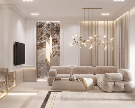 Gold Interior Design, Korean Bedroom, White Room Decor, Gold Living Room, Beige Living Rooms, Renovation Design, Gold Interior, Elegant Living Room, White Rooms