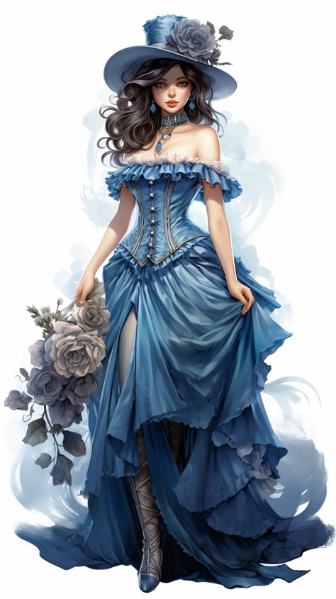 Awesome inspired creation selected by ThetaCursed, License: CC BY-NC 4.0 Victorian Lady Art, Holding A Bouquet, Seductive Photos, Steampunk Couture, Blue Costumes, Free Vintage Printables, Beautiful Long Dresses, Steampunk Costume, Fashion Design Sketches