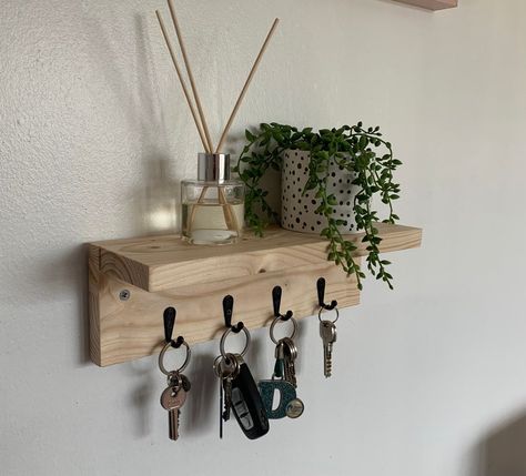 Wall Keychain Holder, Place To Put Keys Ideas, Hallway Key Holder, Hallway Key Storage, Wooden Shelf With Hooks, Entrance Key Holder Entryway, Key Holders Ideas, Keys Storage Ideas, Key Organizer Wall