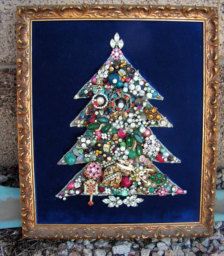 Collage & Mixed Media - Etsy Art Antique Crafts, Folk Art Jewelry, Jewelry Trees, Vintage Upcycle, Decorated Trees, Tree Collage, Old Jewelry Crafts, Jeweled Christmas Trees, Jeweled Christmas