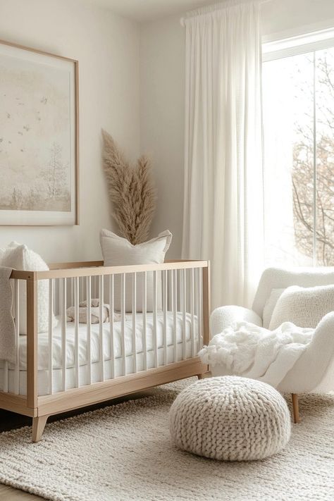 29 Vintage Modern Nursery Ideas to Inspire Your Baby’s First Room 22 Light Nursery Ideas, Oatmeal Nursery, Beige Nursery Room, Babys Room Aesthetic, Nursery With White Walls, Baby Girl Nursery Minimalist, Nursery Ideas Aesthetic, Modern Baby Nursery Girl, Modern Nursery Neutral