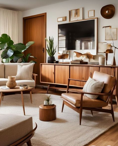 Retro And Modern Living Room, Mid Century Natural Decor, Modern Mid-century, Layout Design Living Room, Scandinavian Mcm Living Room, Mid Century Style Home, 50 Interior Design, Mid Century Interior Living Room, Mid Modern Interior Design