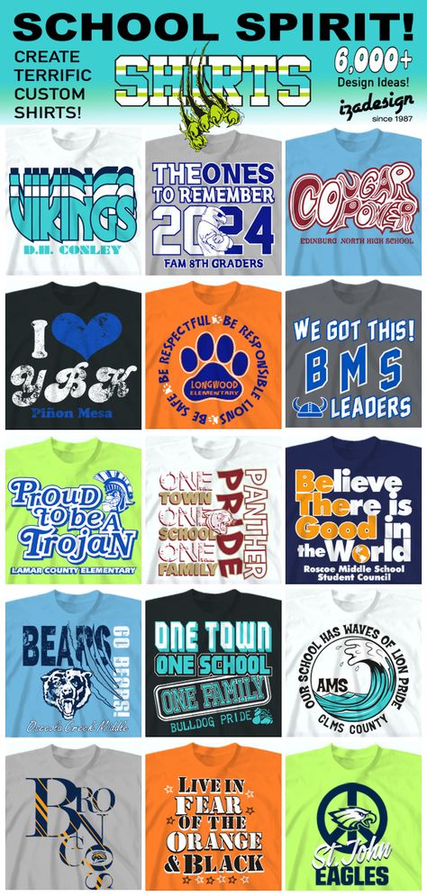 School spirit shirts and school spirit wear.  Choose from thousands of designs.  Customize with your school logo, school mascot, school colors, school name and student names.  IZA Design - providing schools with custom shirts since 1987!  We've got the best designs, period!!!  #schoolspiritshirts  #schoolspirit  #spiritshirts High School Tee Shirt Designs, School Shirt Ideas Elementary, Middle School Spirit Shirts, Elementary Tshirt Designs, School Spirit Tshirt Designs, Middle School Spirit Wear, School Logo Shirt Ideas, Elementary School Shirts Spirit Wear, School T Shirts Ideas