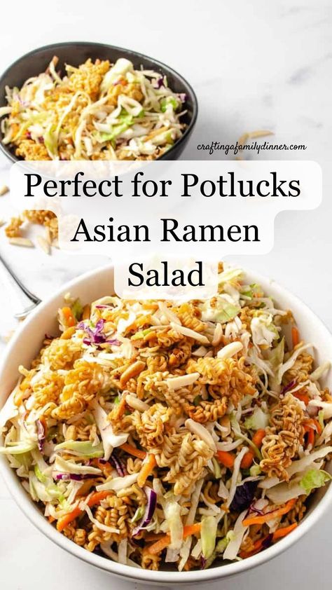 Asian Crunchy Ramen Salad, Asian Coleslaw Recipe Ramen Noodle Salad, Crunchy Coleslaw With Ramen Noodles, Easy Asian Salad Recipes, Cold Ramen Salad, Easy Salad For Potluck, Easy Potluck Salads Simple, Chicken Noodle Salad Cold, Cold Veggie Sides