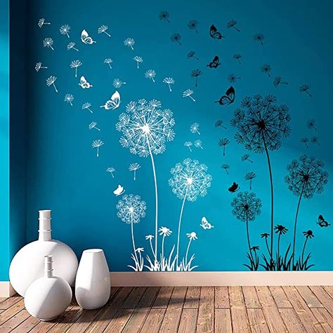 Supzone Dandelion Wall Stickers Flower Wall Decals Butterflies Flying Wall Decors Art Stickers for Bedroom Living Room Sofa Backdrop TV Wall Decor (White Black) - - AmazonSmile Sofa Backdrop, Tv Room Decor, Dandelion Wall Decal, Backdrop Tv, Black Feature Wall, Dandelion Wall Art, Wall Sticker Design, Room Wall Painting, Wall Decals For Bedroom