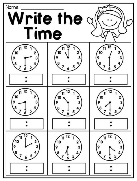 Clock Worksheets, Math Addition Worksheets, First Grade Math Worksheets, Writing Time, Time To The Hour, Telling Time Worksheets, First Grade Worksheets, 2nd Grade Math Worksheets, 1st Grade Math Worksheets