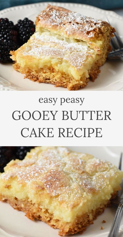 slice of edge gooey butter cake with blackberries on white plate, slice of butter cake on white plate with fork Ooey Gooey Butter Cake, Dessert Halloween, Gooey Cake, Kek Lapis, Gooey Butter, The Best Dessert, Gooey Butter Cake, Butter Cake Recipe, Torte Cupcake