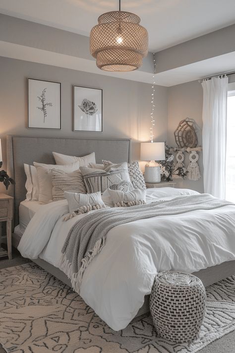 29 Grey Boho Bedroom Ideas 21 Gray Tones Bedroom, Cream Bedding With Grey Headboard, Neutral And Grey Bedroom Ideas, Beige And Grey Bedroom Aesthetic, Grey Tan And White Bedroom, Aesthetic Grey Bedroom, Grey Bedroom Set Decor Ideas, Grey Bedroom Carpet, Grey And Neutral Bedroom