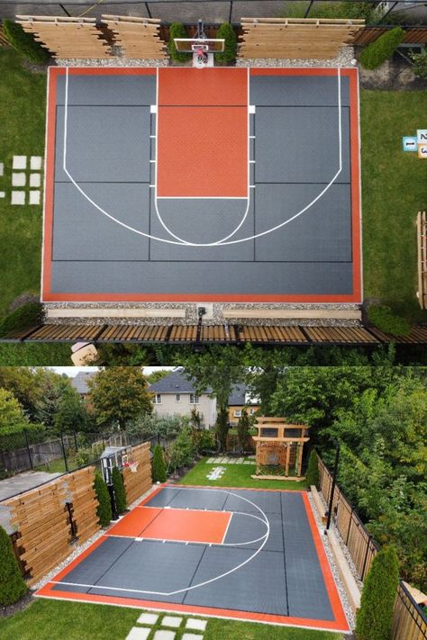 This is a 30’ x 40’ mulit-game court with Graphite and Texas orange SnapSports DuraCourt tiles and LED court lighting 🏀 Backyard Court, Indoor Sports Court, Home Basketball Court, Basketball Court Backyard, Backyard Sports, Backyard Basketball, Outdoor Basketball Court, Backyard Plan, Backyard Renovations