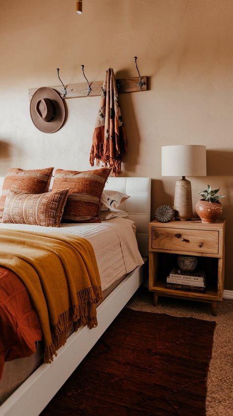 29 Western Boho Bedroom Decor Ideas to Transform Your Space Western Vintage Bedroom, Southwest Bedroom Ideas Santa Fe, Western Guest Room, Southwest Bedroom Ideas, Southwestern Boho Bedroom, Desert Boho Bedroom, Modern Southwestern Bedroom, Southwest Style Bedroom, Western Chic Bedroom