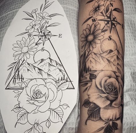 Arm Elbow Tattoos For Women, Unique Tattoos Nature, Mountain And Sunrise Tattoo, Lower Forearm Tattoo Woman Half Sleeves, Rustic Tattoos For Women Sleeve, Mountain Sleeve Tattoo Women, Unique Tattoo Sleeve, Mountain And Flower Tattoo, Outdoors Tattoos For Women