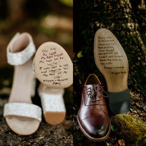 Vows On Shoes, Wedding Shoe Writing, Really Cool Wedding Ideas, Wedding Shoe Message, Writing On Wedding Shoes, Writing On Bottom Of Wedding Shoes, Wedding Ideas Sentimental, Sentimental Wedding Ideas Receptions, Wedding Stuff For Groom