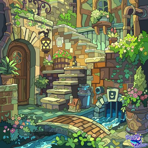 Green Aesthetic Illustration Art, Minecraft Perspective Reference, Background Building Drawing, Minecraft Landscape Art, House In The Woods Illustration, Flower Shop Concept Art, Ghibli House Drawing, Plant Room Drawing, Minecraft House Reference