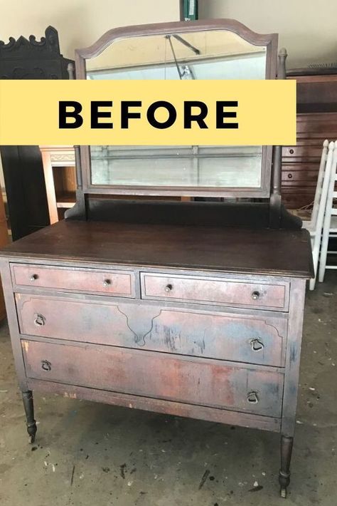 Mirror Dresser Makeover, Antique Dresser Makeover, Antique Dresser With Mirror, Vintage Dresser Makeover, Mirror Dresser, Beautiful Furniture Pieces, Diy Dresser Makeover, Vintage Dresser, Diy Dresser