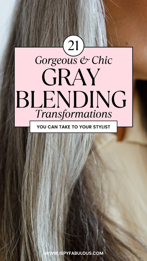 Grey Hair Blending Blonde, Blond Highlights To Blend Grey, Grey Hair Colour Ideas, Gray Hair Ideas For Brunettes, Hair Color For Transitioning To Grey, Dark Hair Highlights To Cover Grey, Grey Hair With Money Piece, Rose Gray Hair, Blond Hair With Gray Highlights