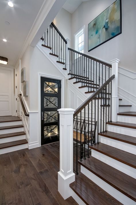 I like this staircase. Use same style newel post for the end of the island & counter in laundry room. تحت الدرج, Farmhouse Staircase, Staircase Styles, California Beach House, Wrought Iron Staircase, Diy Staircase, Iron Staircase, Wrought Iron Stairs, Escalier Design